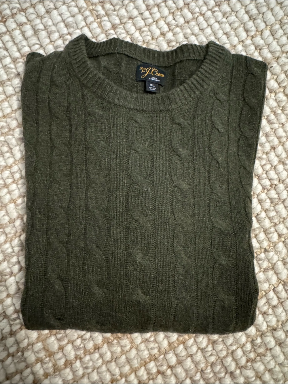 J. Crew Olive Green Cable-Knit 100% Cashmere Crewneck Sweater NEVER WORN